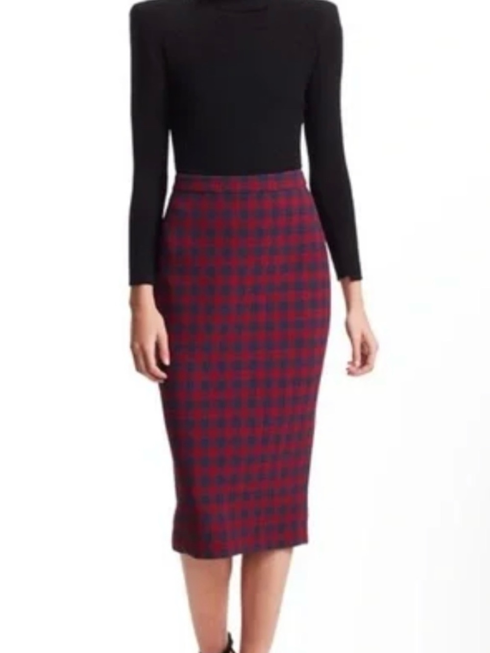 A.L.C Thea Check Wool High-Waist Red Plaid Pencil Midi Skirt